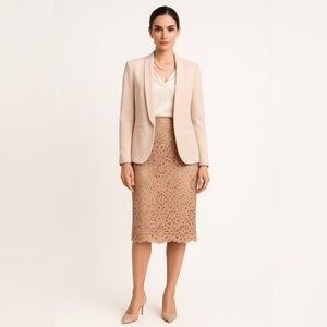 Laser Cut Lace Pencil Skirt, Blush Pink Sand Scalloped Hem Formal or Office 2